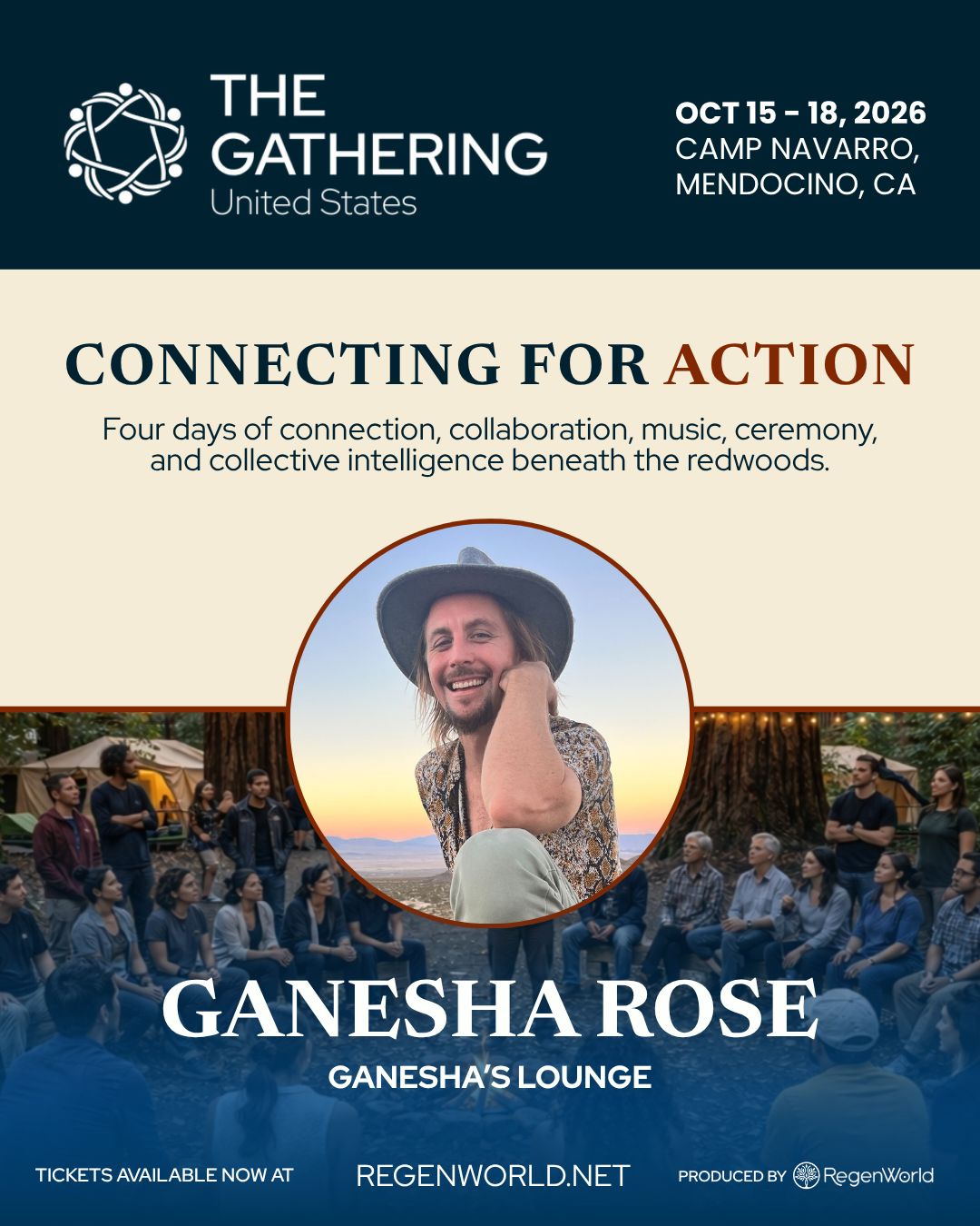 Ganesha’s Lounge Pop-Up at The Gathering United States flyer — Connecting for Action, October 15–18, 2026, Camp Navarro, Mendocino, CA