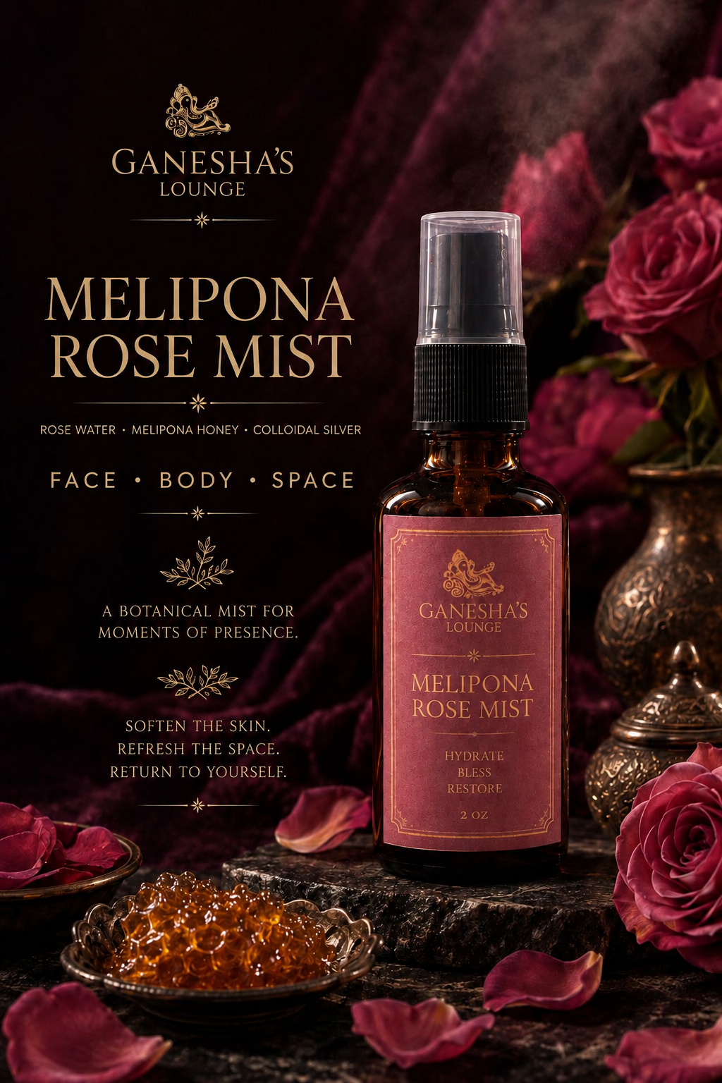 BLESS Honey Rose Mist spray bottle with roses and Melipona honey