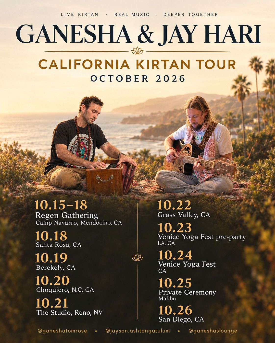 Ganesha & Jay Hari California Kirtan Tour poster — two musicians playing harmonium and guitar on a coastal hillside at sunset, with the October 2026 tour dates
