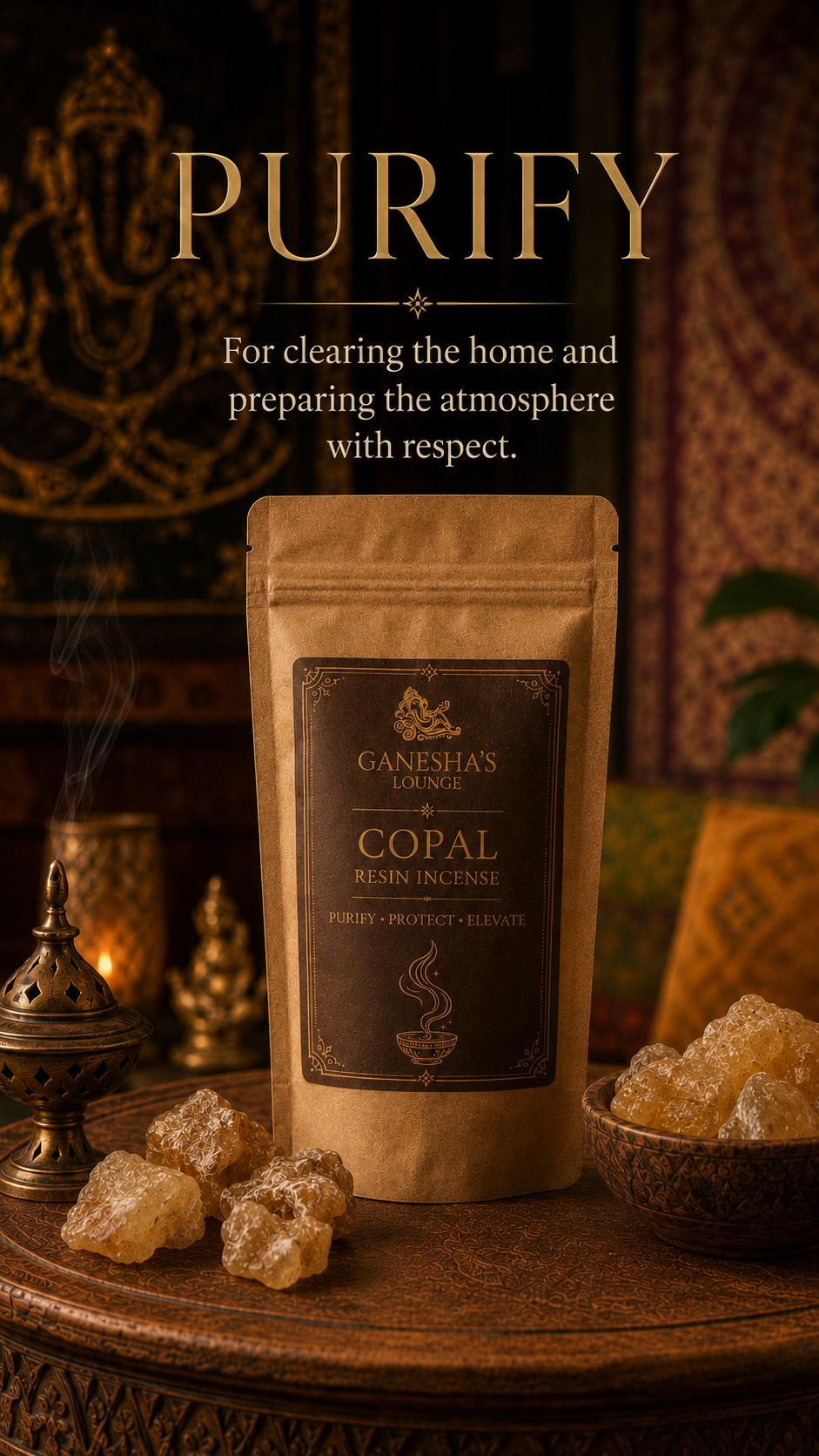 Ganesha’s Lounge copal resin photographed with an incense burner and pieces of resin